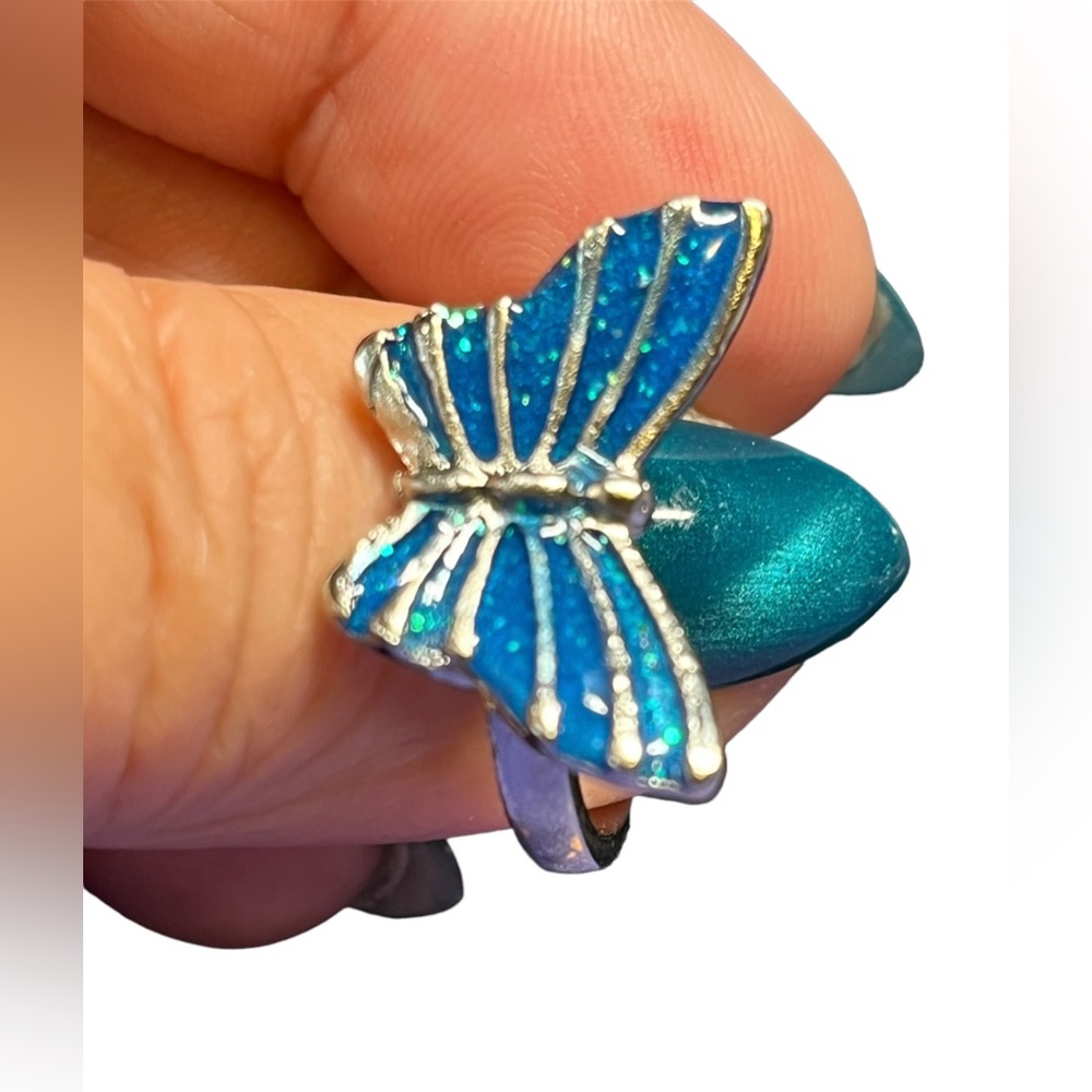 2/22 Pretty butterfly “blue fireopal” ring silver tone